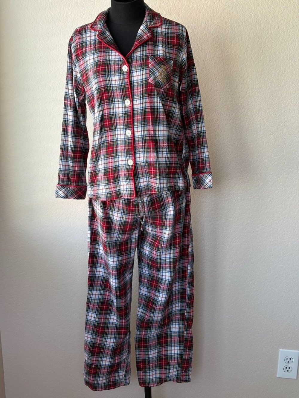 Lauren Ralph Lauren Plaid Pajama Set M 100% Cotton Crest Logo Cozy Lounge